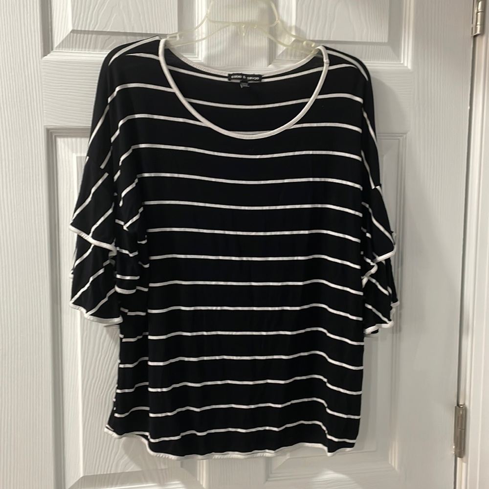 Cable & Gauge Striped Ruffle Sleeve Top